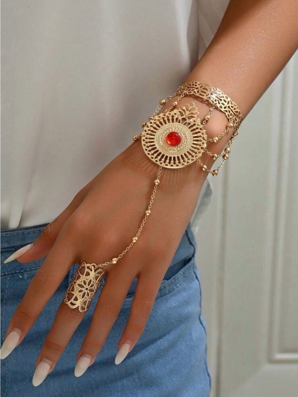 ✨ Boho Gold Hand Chain Bracelet Ring Set with Red Gem